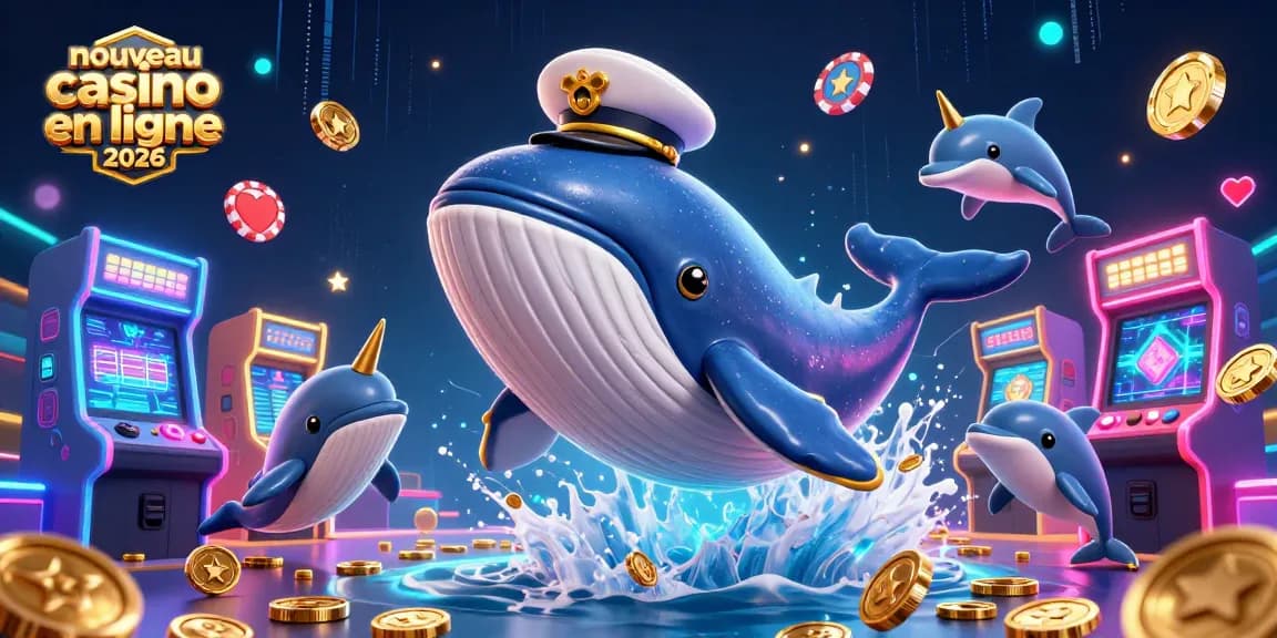 Illustration d'un nouveau casino en ligne 2026 avec une baleine 3D et des dauphins, symbolisant le jeu.