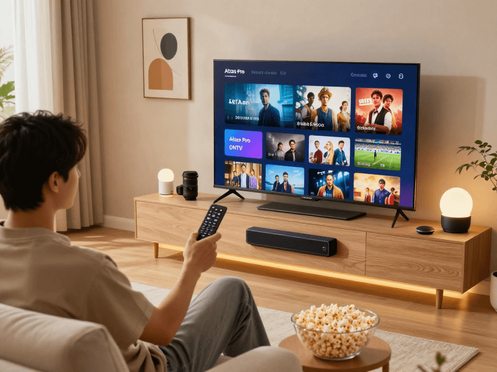 Personne utilisant l'appareil Atlas Pro ONTV dans un salon cosy, naviguant sur le contenu multimédia.