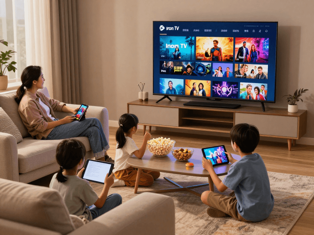 Profitez du streaming sur Iron TV avec votre famille dans un salon moderne.