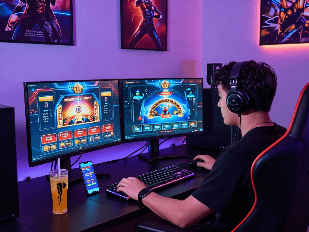 Scène de jeu en ligne avec un nouveau casino en ligne 2026 offrant une atmosphère moderne et dynamique, incluant des équipements de jeu de haute technologie.